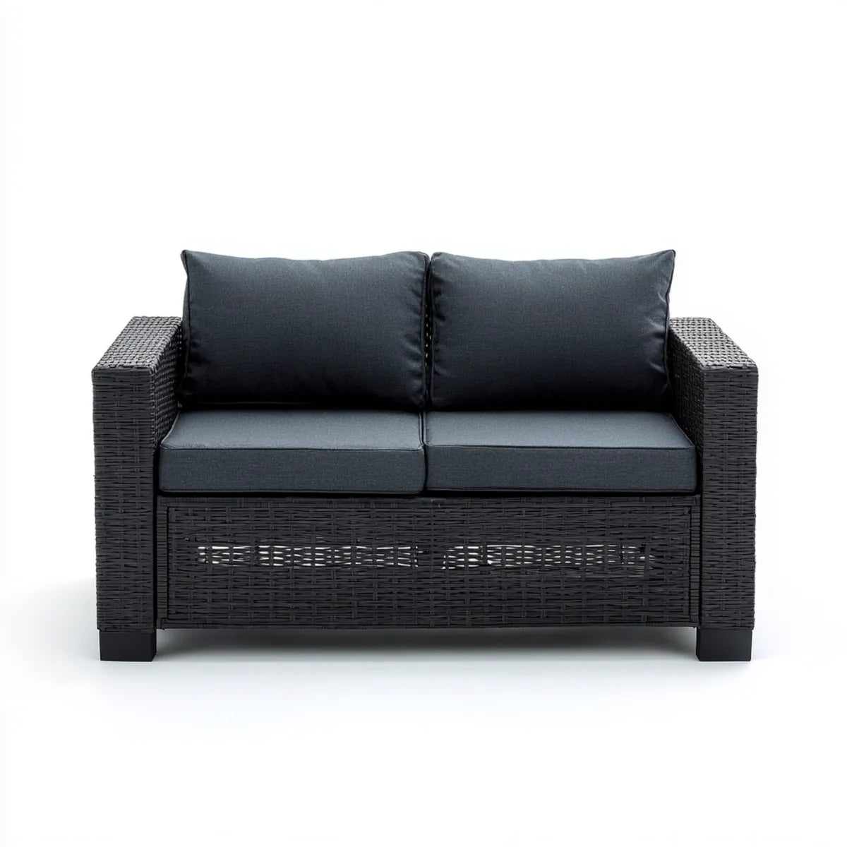 2-Sitzer Sofa Schwarz Anthrazit aus PE-Rattan und pulverbeschichtetem Stahl Rechteckig 124 x 67 x 75 cm