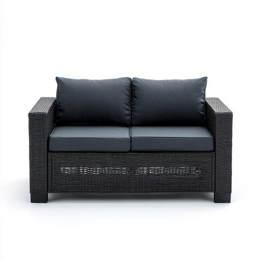 2-Sitzer Sofa Schwarz Anthrazit aus PE-Rattan und pulverbeschichtetem Stahl Rechteckig 124 x 67 x 75 cm