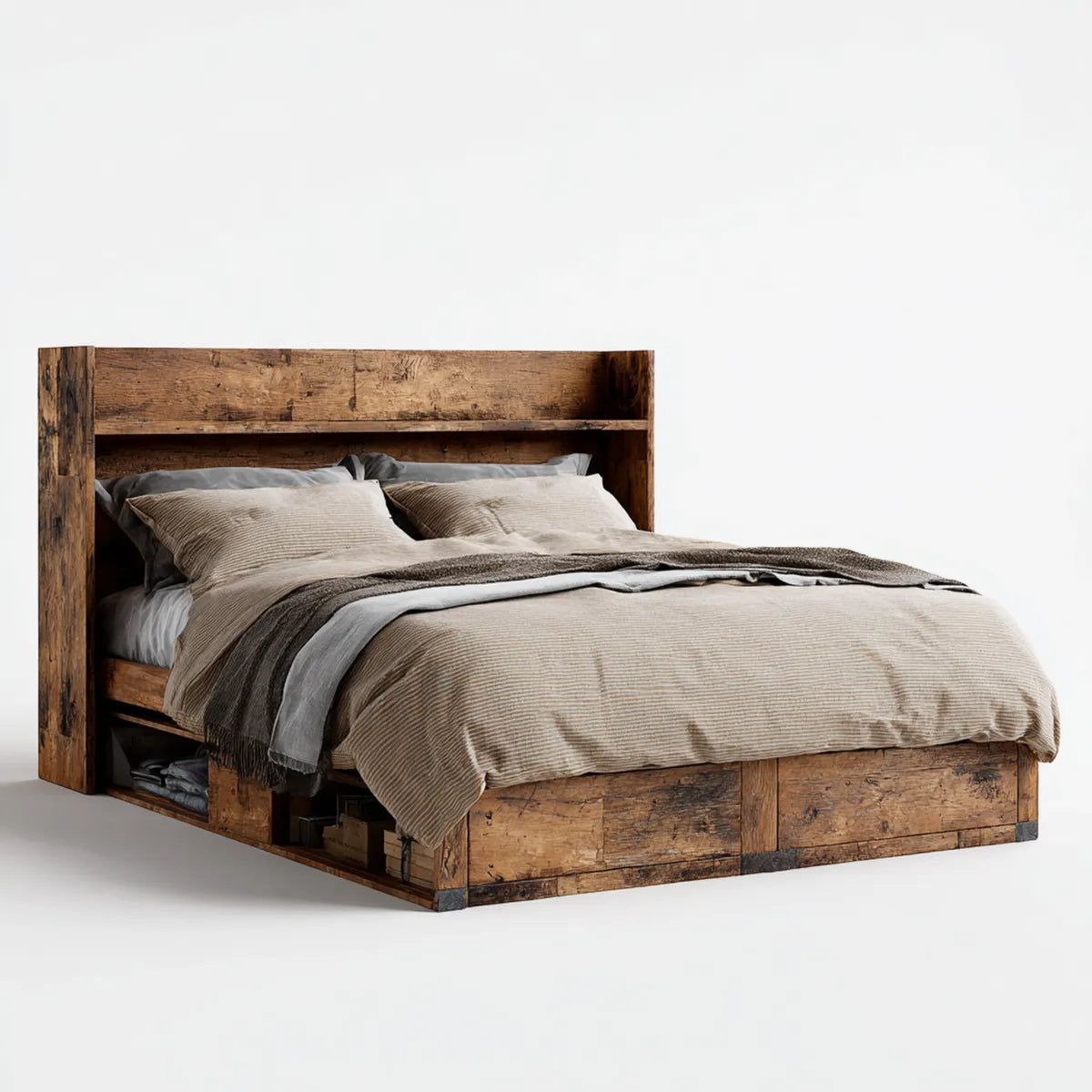 Doppelbett mit Stauraum Altholzoptik 180 x 200 cm Massivholz rechteckig