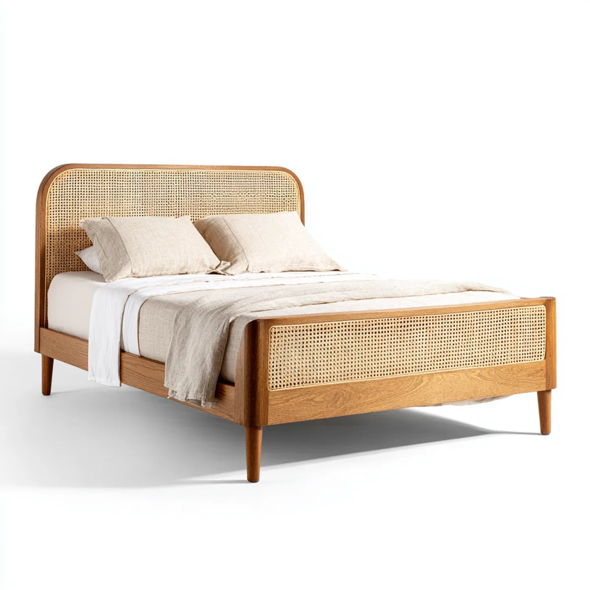 Doppelbett Natur 160 x 200 cm aus massivem Eichenholz mit Rattangeflecht abgerundet