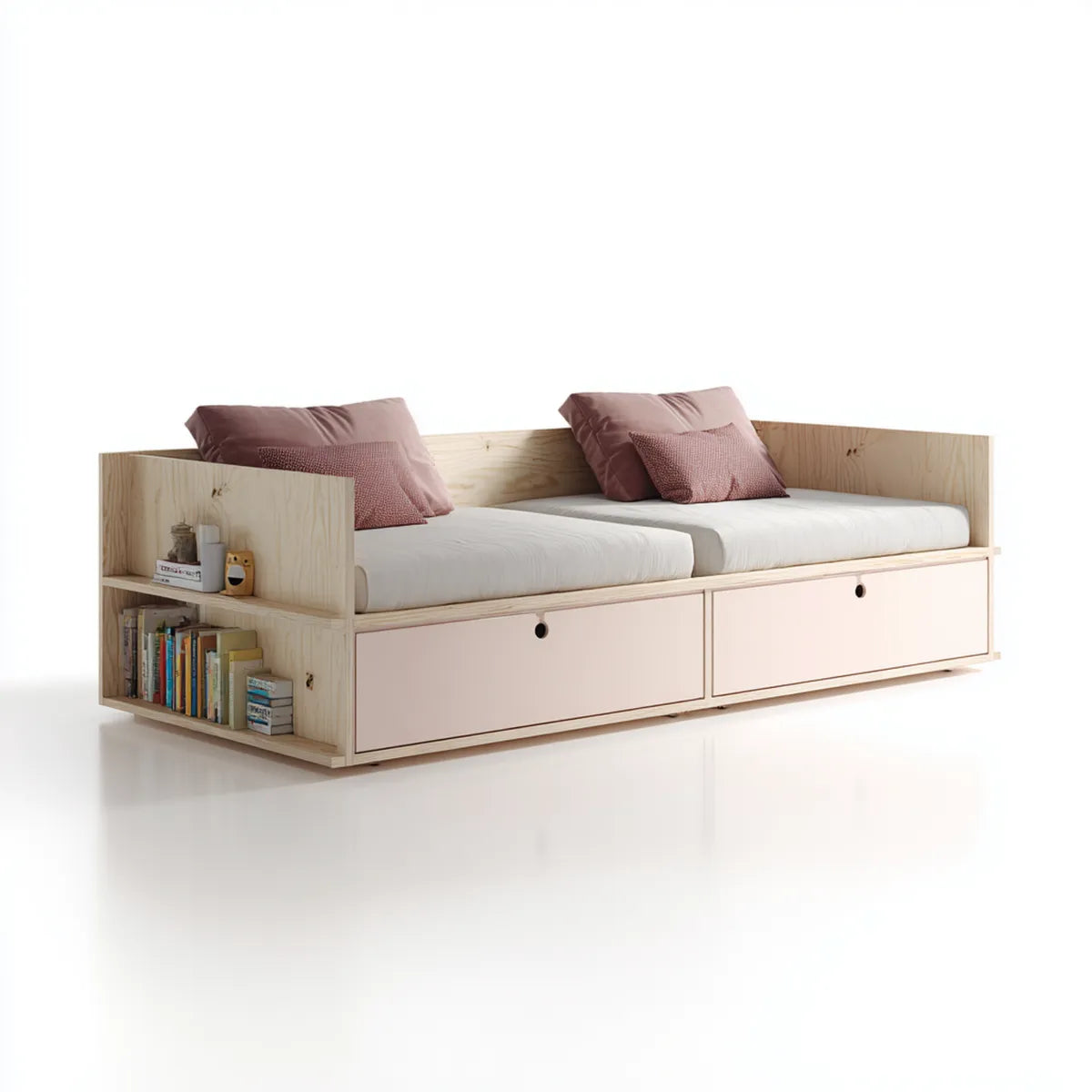 Ausziehbett aus massivem Kiefernholz Natur Altrosa 90 x 200 cm rechteckig mit Schubladen